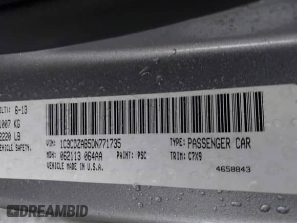 2013 Dodge Avenger SE with VIN 1C3CDZAB5DN771735, listed as a IAAI auction lot 43395877 with 87,931 mi miles and . Bid and sale history available at DreamBid. Image 9.