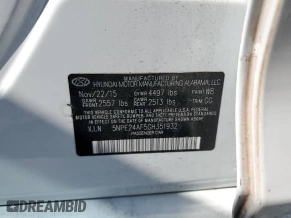 2016 Hyundai Sonata SE с VIN 5NPE24AF5GH351932, выставлен на аукционе Copart как лот 81862215 с пробегом 103 704 миль миль и Списание • Salvage title. История ставок и продаж доступна на DreamBid. Изображение 12.