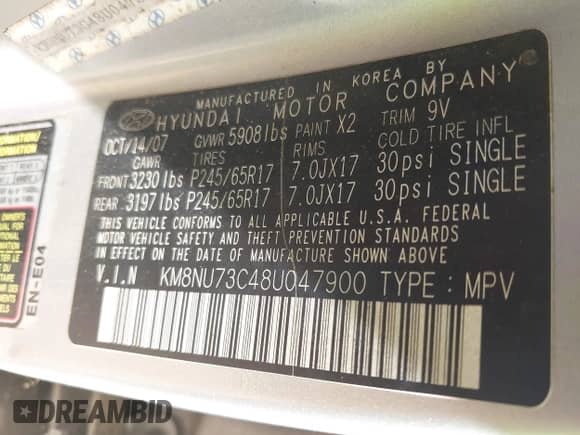 2008 Hyundai Veracruz GLS с VIN KM8NU73C48U047900, выставлен на аукционе IAAI как лот 43402302 с пробегом 211 840 миль миль и . История ставок и продаж доступна на DreamBid. Изображение 9.