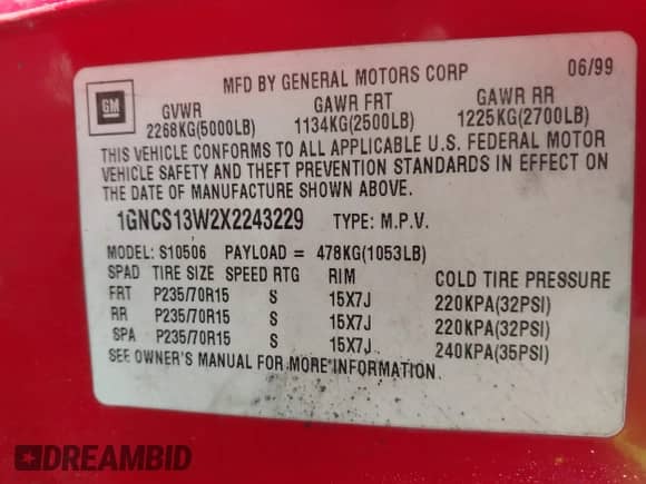 1999 Chevrolet Blazer LT z VIN 1GNCS13W2X2243229, wystawiony jako IAAI lot #42614539 z przebiegiem Nie podano mil oraz . Historia ofert i sprzedaży dostępna na DreamBid. Obrazek 9.