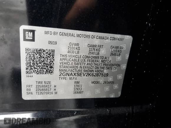 2019 Chevrolet Equinox LS with VIN 2GNAXSEV2K6287519, listed as a Copart auction lot 80665435 with 74,392 mi miles and Salvage title. Bid and sale history available at DreamBid. Image 14.