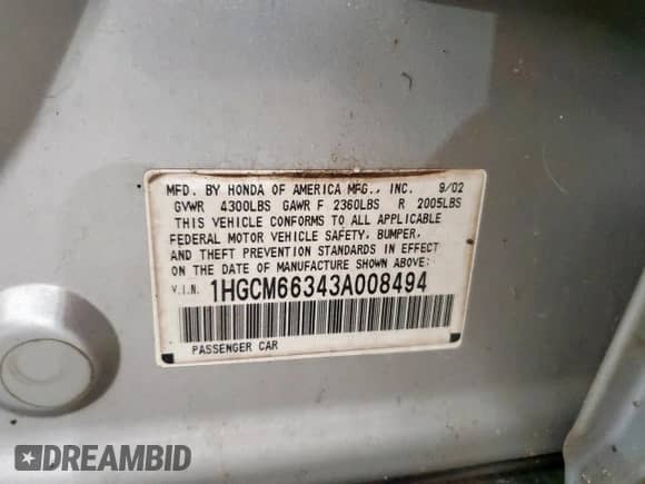 2003 Honda Accord LX с VIN 1HGCM66343A008494, выставлен на аукционе Copart как лот 62482625 с пробегом 167 861 миль миль и Чистый • Clean title. История ставок и продаж доступна на DreamBid. Изображение 12.