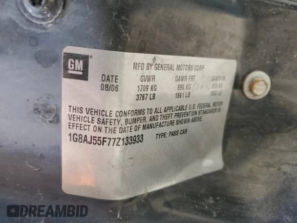 2007 Saturn ION ION 2 with VIN 1G8AJ55F77Z133933, listed as a Copart auction lot 81558715 with 107,105 mi miles and Salvage title. Bid and sale history available at DreamBid. Image 12.