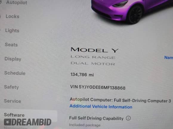 2021 Tesla Model Y Long Range with VIN 5YJYGDEE6MF138868, listed as a IAAI auction lot 43401839 with 134,786 mi miles and . Bid and sale history available at DreamBid. Image 7.