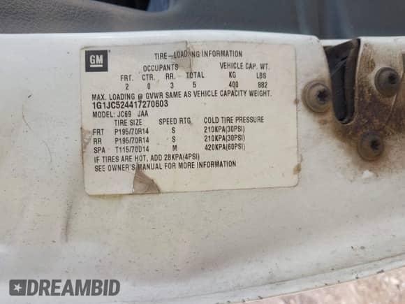 2001 Chevrolet Cavalier с VIN 1G1JC524417270603, выставлен на аукционе IAAI как лот 42337046 с пробегом 162 998 миль миль и . История ставок и продаж доступна на DreamBid. Изображение 9.