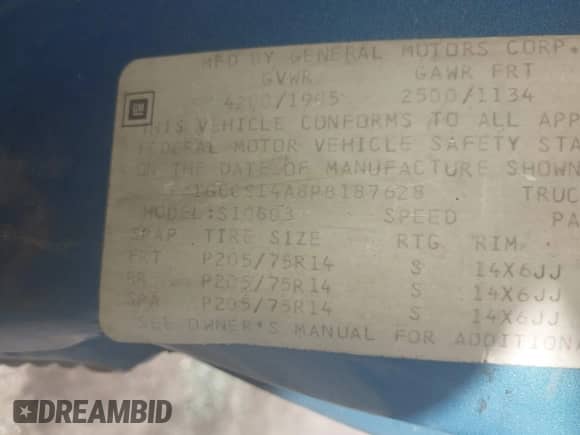 1993 Chevrolet S-10 EL с VIN 1GCCS14A8P8187628, выставлен на аукционе IAAI как лот 41787335 с пробегом 212 563 миль миль и . История ставок и продаж доступна на DreamBid. Изображение 9.