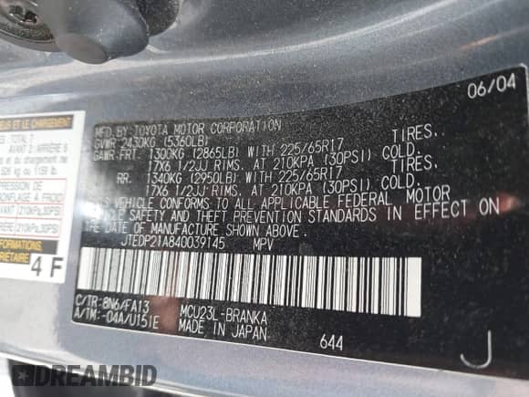 2004 Toyota Highlander with VIN JTEDP21A840039145, listed as a IAAI auction lot 42183296 with Not provided miles and . Bid and sale history available at DreamBid. Image 9.