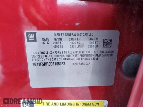 2013 Chevrolet Malibu Eco z VIN 1G11F5RR0DF105053, wystawiony jako Copart lot #89846875 z przebiegiem 198 581 mil mil oraz Szkoda całkowita • Salvage title. Historia ofert i sprzedaży dostępna na DreamBid. Obrazek 12.