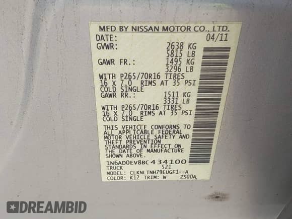 2011 Nissan Frontier Pro-4X z VIN 1N6AD0EV8BC434100, wystawiony jako IAAI lot #42745419 z przebiegiem 264 222 mil mil oraz . Historia ofert i sprzedaży dostępna na DreamBid. Obrazek 9.