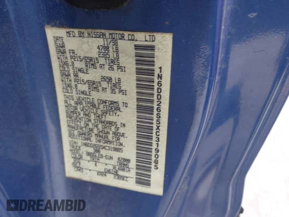 1999 Nissan Frontier XE with VIN 1N6DD26S5XC319085, listed as a IAAI auction lot 42469039 with 59,251 mi miles and . Bid and sale history available at DreamBid. Image 9.