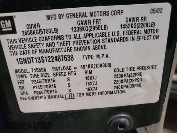 2002 Chevrolet TrailBlazer LS with VIN 1GNDT13S122487638, listed as a Copart auction lot 84998785 with 146,604 mi miles and Salvage title. Bid and sale history available at DreamBid. Image 13.
