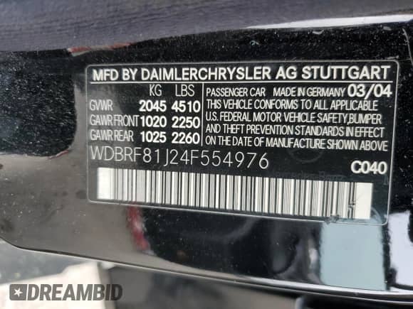 2004 Mercedes-Benz C 240 with VIN WDBRF81J24F554976, listed as a Copart auction lot 68627595 with 58,916 mi miles and Salvage title. Bid and sale history available at DreamBid. Image 12.