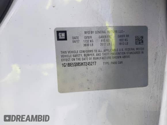 2017 Chevrolet Cruze LT with VIN 1G1BE5SM5H7245217, listed as a IAAI auction lot 43348364 with 91,935 mi miles and . Bid and sale history available at DreamBid. Image 9.