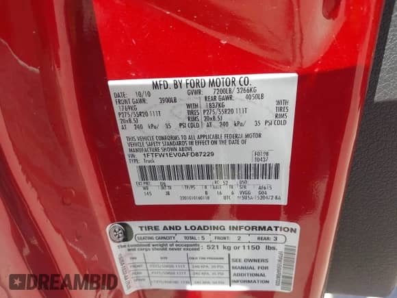 2010 Ford F-150 XL with VIN 1FTFW1EV0AFD87229, listed as a IAAI auction lot 43333355 with 137,467 mi miles and . Bid and sale history available at DreamBid. Image 9.