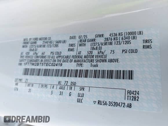 2026 Ford F-250 Lariat with VIN 1FT7W2BT5TEC02419, listed as a IAAI auction lot 43493506 with 1,840 mi miles and . Bid and sale history available at DreamBid. Image 9.
