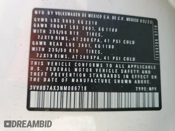 2022 Volkswagen Tiguan SE R-Line Black с VIN 3VV8B7AX3NM086718, выставлен на аукционе Copart как лот 85096255 с пробегом 47 525 миль миль и Списание • Salvage title. История ставок и продаж доступна на DreamBid. Изображение 13.