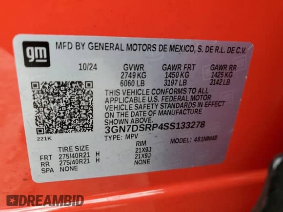 2025 Chevrolet Equinox EV RS с VIN 3GN7DSRP4SS133278, выставлен на аукционе Copart как лот 61950055 с пробегом 4 899 миль миль и Списание • Salvage title. История ставок и продаж доступна на DreamBid. Изображение 12.