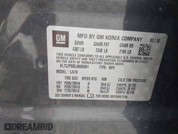 2018 Chevrolet Trax LT with VIN KL7CJPSB5JB666081, listed as a IAAI auction lot 43157128 with 125,245 mi miles and . Bid and sale history available at DreamBid. Image 9.