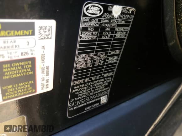 2019 Land Rover Range Rover Sport HST с VIN SALWS2SU6KA868560, выставлен на аукционе Copart как лот 80838074 с пробегом 57 030 миль миль и Списание • Salvage title. История ставок и продаж доступна на DreamBid. Изображение 12.