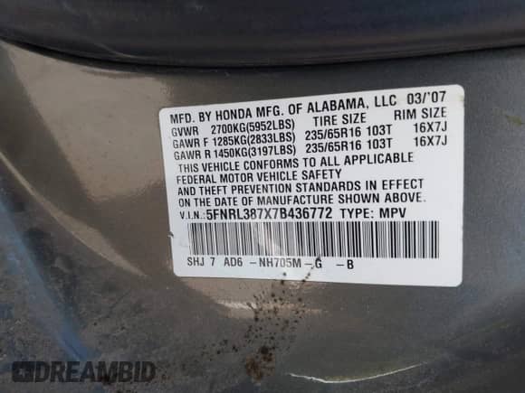 2007 Honda Odyssey EX-L с VIN 5FNRL387X7B436772, выставлен на аукционе IAAI как лот 42381650 с пробегом 316 995 миль миль и . История ставок и продаж доступна на DreamBid. Изображение 9.