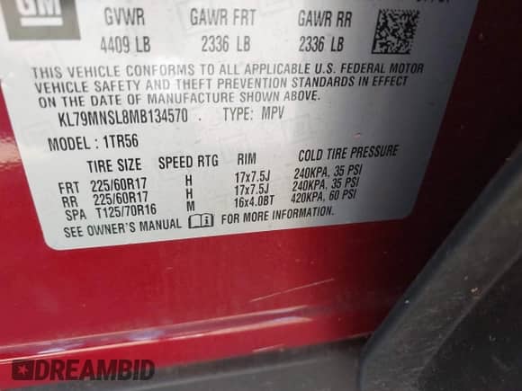 2021 Chevrolet TrailBlazer LS with VIN KL79MNSL8MB134570, listed as a IAAI auction lot 43142577 with 46,230 mi miles and . Bid and sale history available at DreamBid. Image 9.