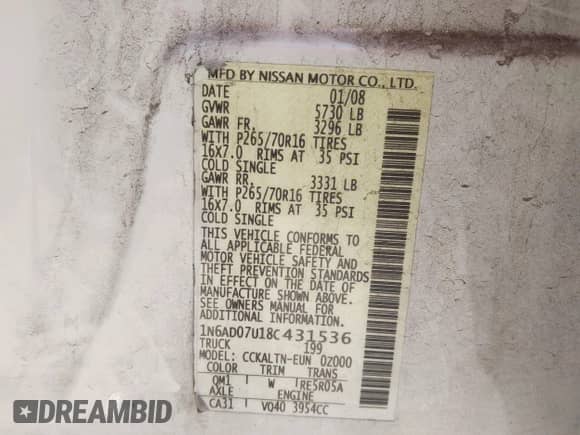 2008 Nissan Frontier SE с VIN 1N6AD07U18C431536, выставлен на аукционе IAAI как лот 42899364 с пробегом 218 489 миль миль и . История ставок и продаж доступна на DreamBid. Изображение 9.