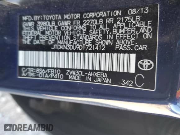 2013 Toyota Prius One with VIN JTDKN3DU9D1721412, listed as a Copart auction lot 90320225 with 160,789 mi miles and Clean title. Bid and sale history available at DreamBid. Image 12.
