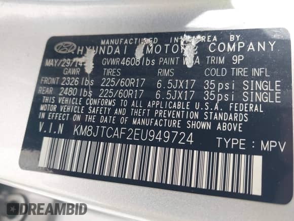 2014 Hyundai Tucson GLS with VIN KM8JTCAF2EU949724, listed as a IAAI auction lot 42654159 with 80,647 mi miles and . Bid and sale history available at DreamBid. Image 9.