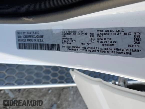 2020 Ram 1500 Big Horn z VIN 1C6SRFFMXLN364551, wystawiony jako Copart lot #51914575 z przebiegiem 98 897 mil mil oraz Szkoda całkowita • Salvage title. Historia ofert i sprzedaży dostępna na DreamBid. Obrazek 12.