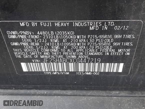 2012 Subaru Forester X с VIN JF2SHABCXCG447219, выставлен на аукционе IAAI как лот 43035442 с пробегом 115 647 миль миль и . История ставок и продаж доступна на DreamBid. Изображение 9.