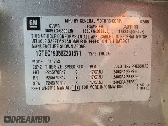 2008 GMC Sierra 1500 Work Truck with VIN 1GTEC19058Z231571, listed as a Copart auction lot 46856455 with 284,920 mi miles and Salvage title. Bid and sale history available at DreamBid. Image 13.