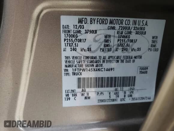 2004 Ford F-150 XLT with VIN 1FTPW145X4KC14691, listed as a Copart auction lot 83791905 with 93,533 mi miles and Salvage title. Bid and sale history available at DreamBid. Image 12.