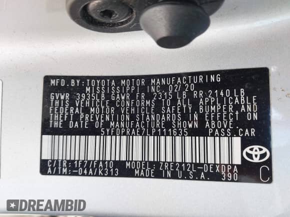 2020 Toyota Corolla L с VIN 5YFDPRAE7LP111635, выставлен на аукционе IAAI как лот 43428728 с пробегом 97 509 миль миль и . История ставок и продаж доступна на DreamBid. Изображение 9.