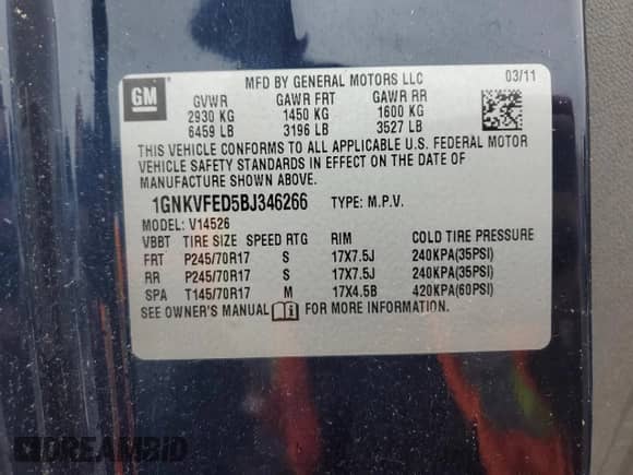 2011 Chevrolet Traverse LS z VIN 1GNKVFED5BJ346266, wystawiony jako Copart lot #80213265 z przebiegiem Nie podano mil oraz Czysty tytuł • Clean title. Historia ofert i sprzedaży dostępna na DreamBid. Obrazek 13.