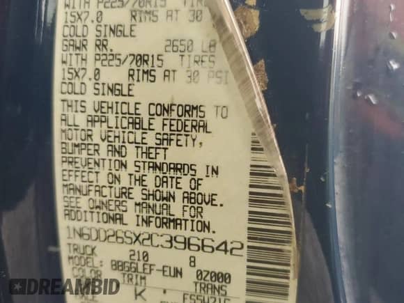 2002 Nissan Frontier XE z VIN 1N6DD26SX2C396642, wystawiony jako Copart lot #80658915 z przebiegiem 157 101 mil mil oraz Szkoda całkowita • Salvage title. Historia ofert i sprzedaży dostępna na DreamBid. Obrazek 12.
