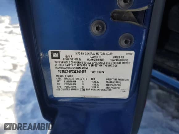 2003 GMC Sierra 1500 Work Truck with VIN 1GTEC14V03Z149467, listed as a Copart auction lot 41418305 with 118,270 mi miles and Salvage title. Bid and sale history available at DreamBid. Image 12.