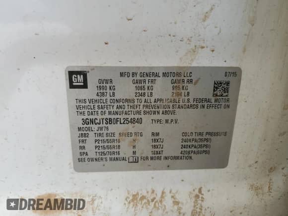 2015 Chevrolet Trax LTZ z VIN 3GNCJTSB0FL254840, wystawiony jako Copart lot #69604785 z przebiegiem 174 713 mil mil oraz Szkoda całkowita • Salvage title. Historia ofert i sprzedaży dostępna na DreamBid. Obrazek 12.