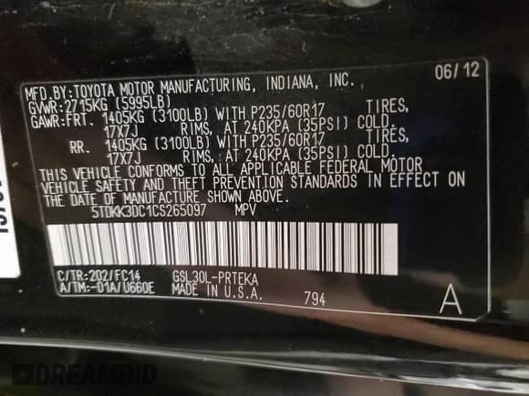 2012 Toyota Sienna LE AAS with VIN 5TDKK3DC1CS265097, listed as a Copart auction lot 86068265 with 142,841 mi miles and Salvage title. Bid and sale history available at DreamBid. Image 13.