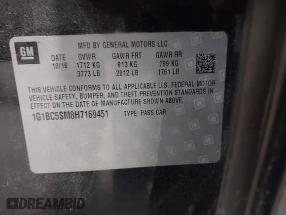 2017 Chevrolet Cruze LS with VIN 1G1BC5SM8H7169451, listed as a IAAI auction lot 43358137 with 107,333 mi miles and . Bid and sale history available at DreamBid. Image 9.