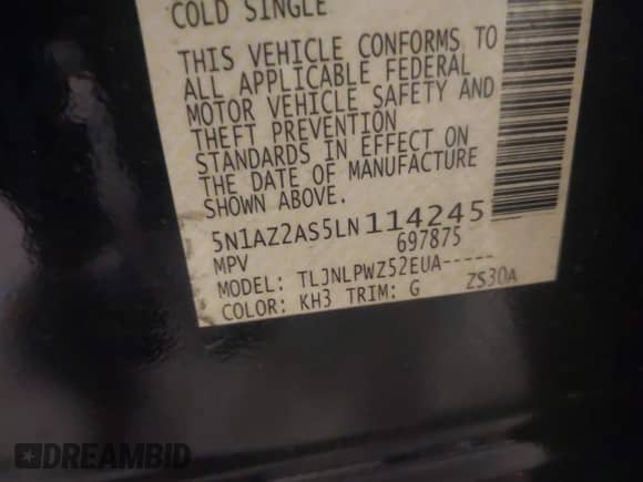 2020 Nissan Murano S with VIN 5N1AZ2AS5LN114245, listed as a IAAI auction lot 43130969 with 64,279 mi miles and . Bid and sale history available at DreamBid. Image 9.
