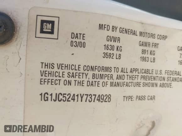 2000 Chevrolet Cavalier с VIN 1G1JC5241Y7374928, выставлен на аукционе IAAI как лот 41990099 с пробегом Не указан миль и . История ставок и продаж доступна на DreamBid. Изображение 9.