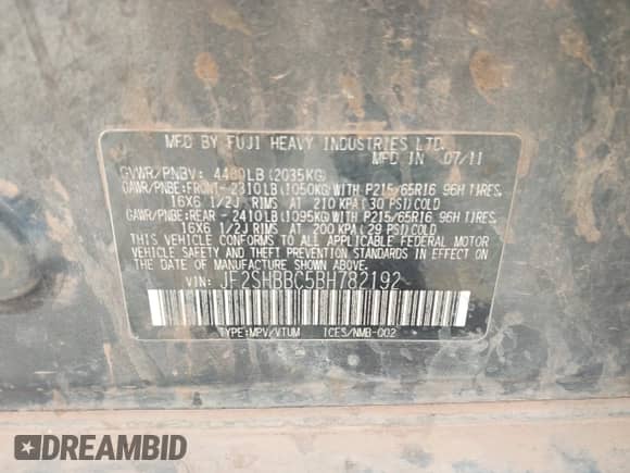 2011 Subaru Forester X with VIN JF2SHBBC5BH782192, listed as a IAAI auction lot 43385948 with 167,040 mi miles and . Bid and sale history available at DreamBid. Image 9.