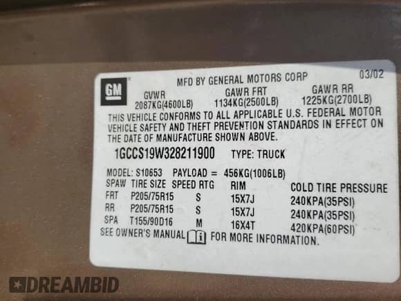 2002 Chevrolet S-10 LS с VIN 1GCCS19W328211900, выставлен на аукционе Copart как лот 71828214 с пробегом 77 459 миль миль и Чистый • Clean title. История ставок и продаж доступна на DreamBid. Изображение 12.