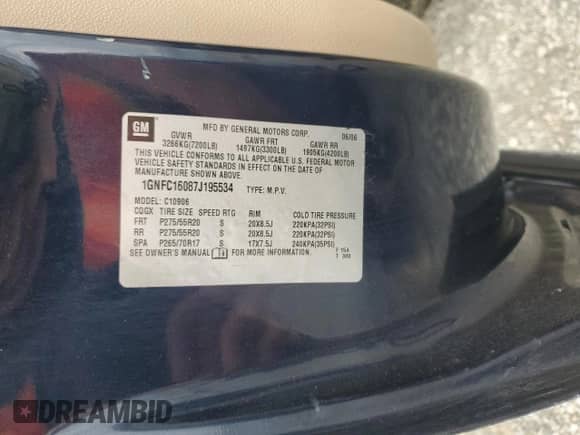 2007 Chevrolet Suburban LS with VIN 1GNFC16087J195534, listed as a Copart auction lot 81477275 with 563,131 mi miles and Salvage title. Bid and sale history available at DreamBid. Image 14.