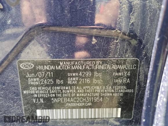 2012 Hyundai Sonata GLS with VIN 5NPEB4AC2CH311954, listed as a Copart auction lot 57165355 with Not provided miles and Salvage title. Bid and sale history available at DreamBid. Image 12.