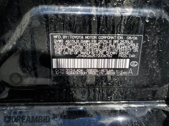 2007 Lexus IS 250 with VIN JTHCK262572008782, listed as a Copart auction lot 69770975 with 80,634 mi miles and Clean title. Bid and sale history available at DreamBid. Image 12.