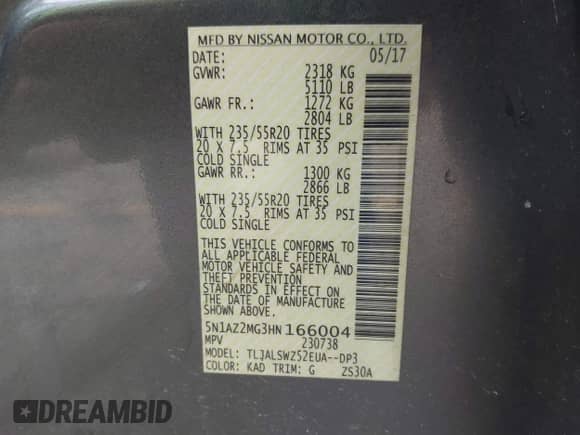 2017 Nissan Murano S with VIN 5N1AZ2MG3HN166004, listed as a IAAI auction lot 42638575 with 106,517 mi miles and . Bid and sale history available at DreamBid. Image 9.