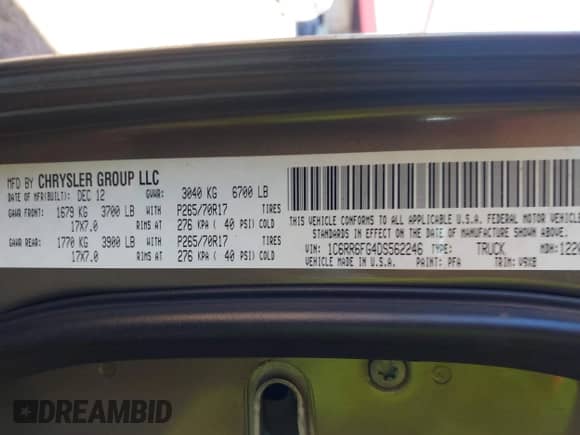 2013 Ram 1500 Tradesman with VIN 1C6RR6FG4DS562246, listed as a IAAI auction lot 42814037 with 226,670 mi miles and . Bid and sale history available at DreamBid. Image 9.