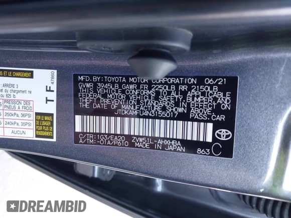 2022 Toyota Prius Nightshade with VIN JTDKAMFU4N3155017, listed as a IAAI auction lot 43013402 with 146,084 mi miles and . Bid and sale history available at DreamBid. Image 9.