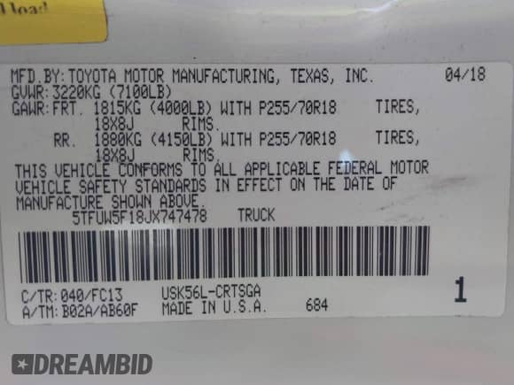 2018 Toyota Tundra SR с VIN 5TFUW5F18JX747478, выставлен на аукционе IAAI как лот 42315962 с пробегом 72 271 миль миль и . История ставок и продаж доступна на DreamBid. Изображение 9.